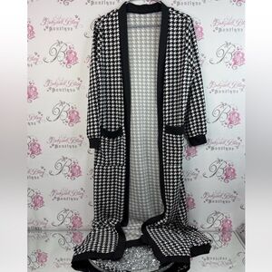 Cardigan long style color block Black and White Houndstooth Long Cardigan